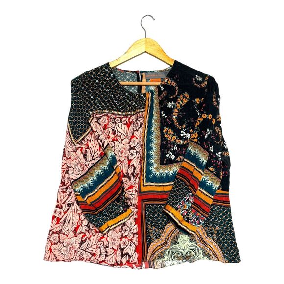 ANTHROPOLOGIE WOMENS BOHO BLOUSE SMALL MULTICOLOR BEADED SEQUIN FLORAL PRINT - Picture 3 of 16